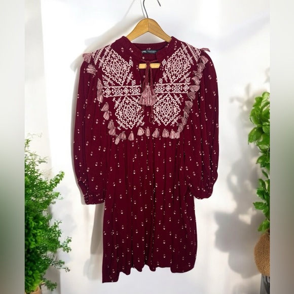 ZARA Embroidered High Collar Boho Tassel Lantern Sleeve V Neck Coachella Dress - Picture 3 of 12
